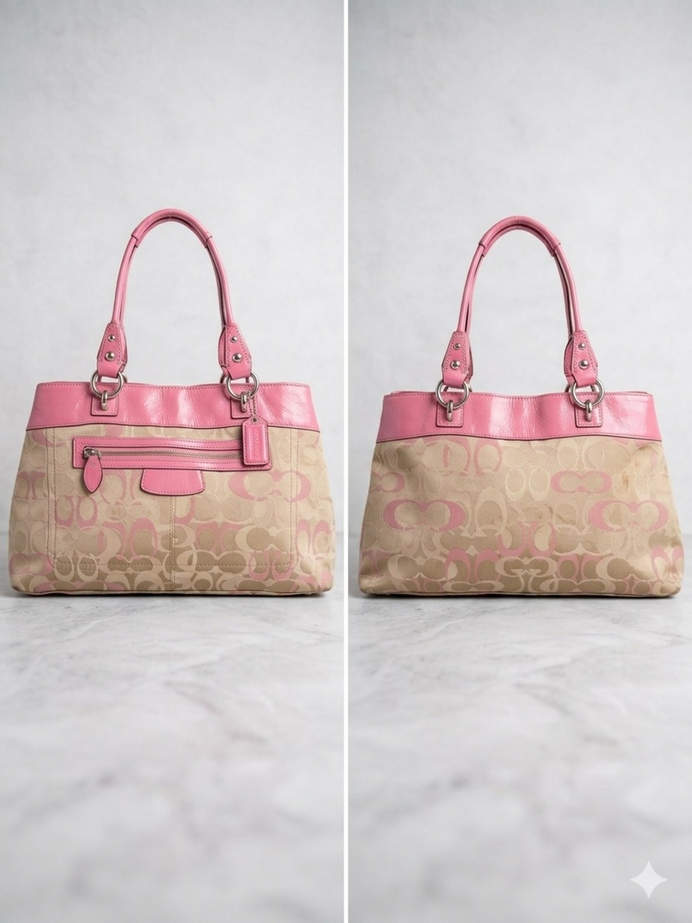Coach Beige and Pink Signature Canvas Tote with Pink Leather Trim